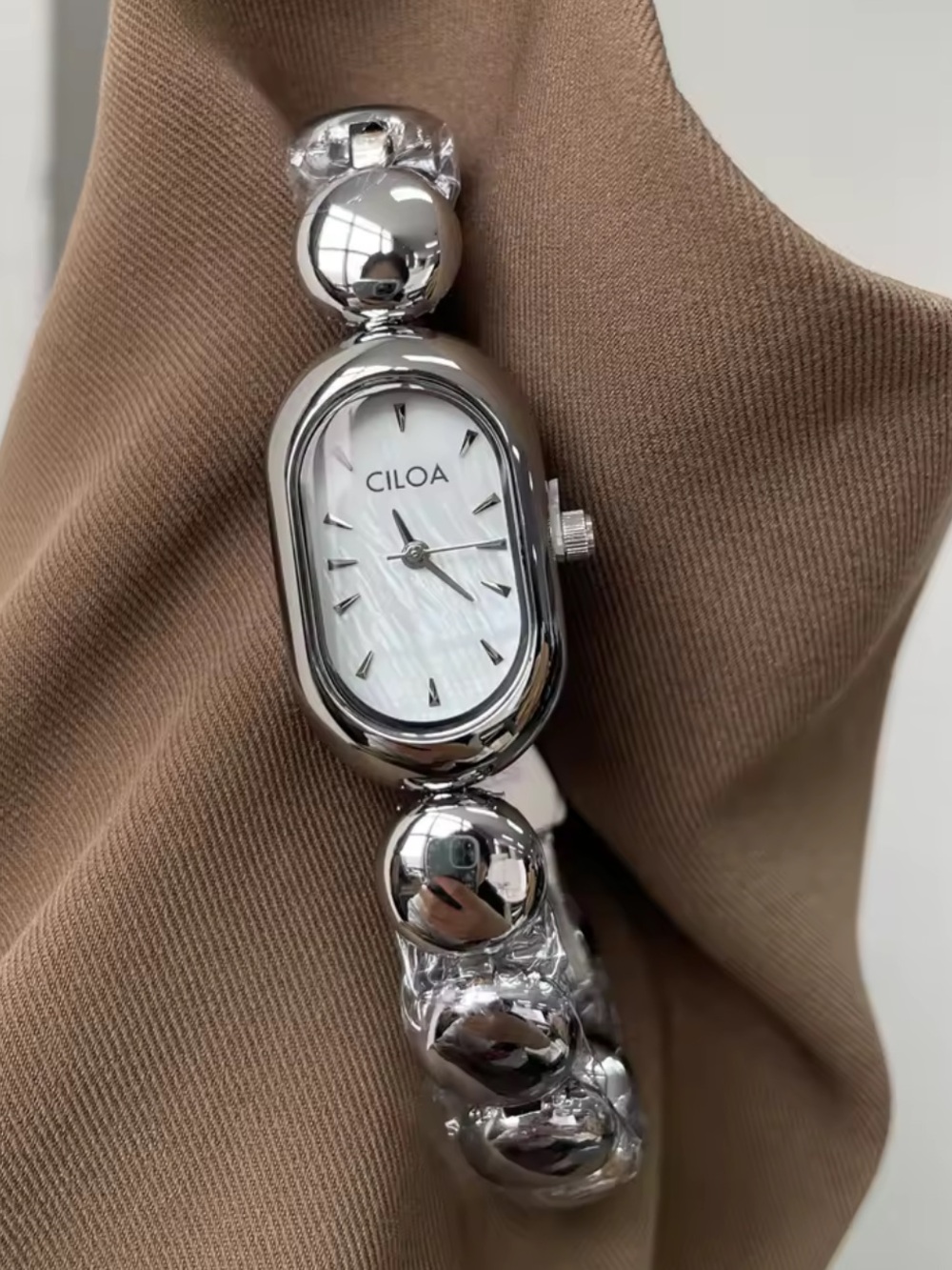 Target Silver-Tone Oval Bracelet Watch with Mother-of-Pearl Dial